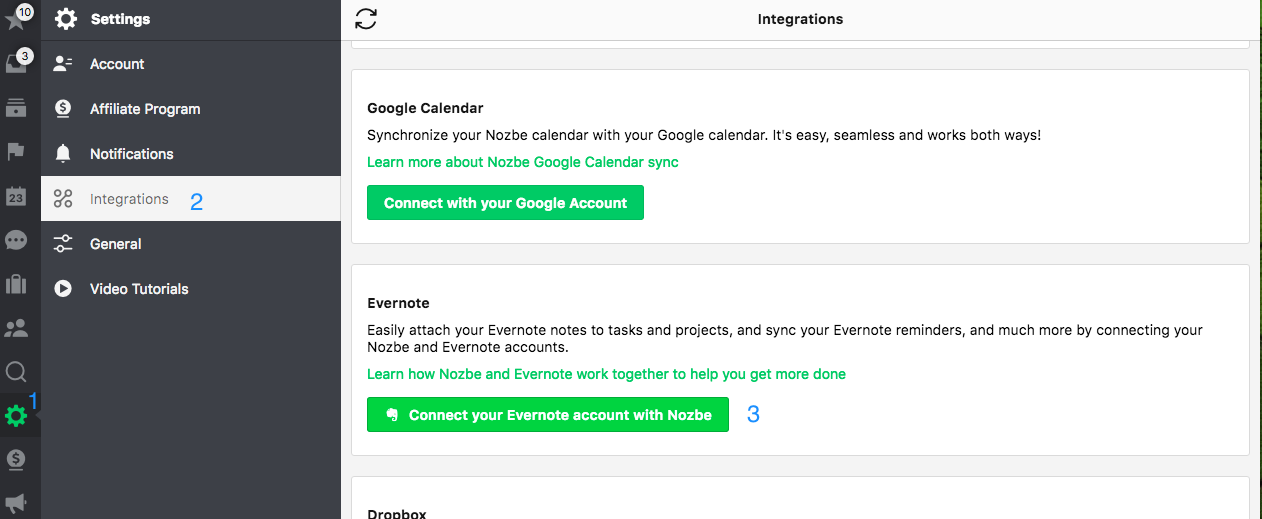 Settings - integration with Evernote