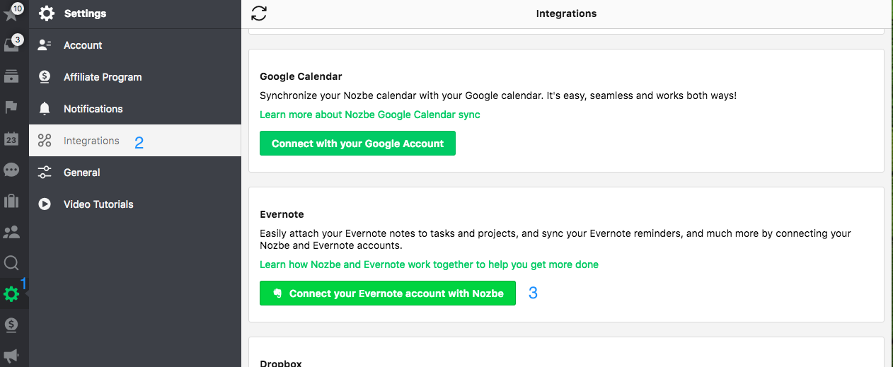 Paramètres - intégration avec Evernote